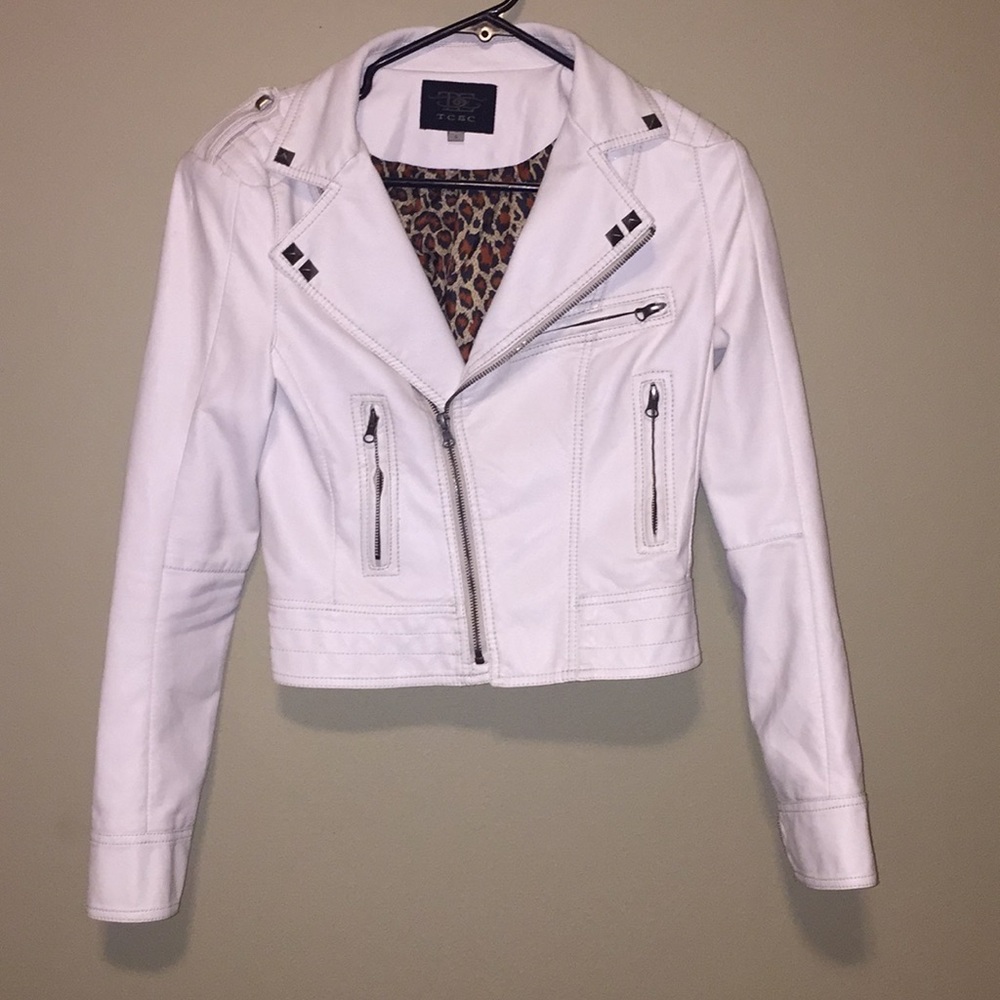 White faux leather jacket.